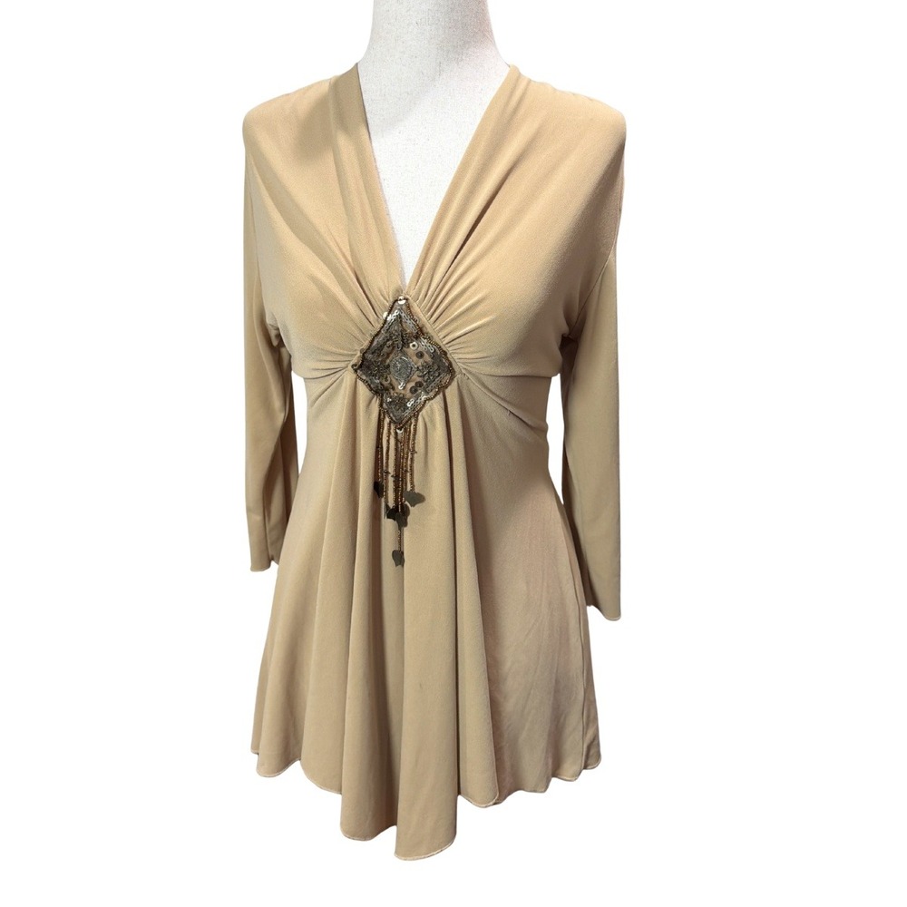 Boho Tan Beaded Medallion V-Neck Cowl Back Tunic Top Womens L